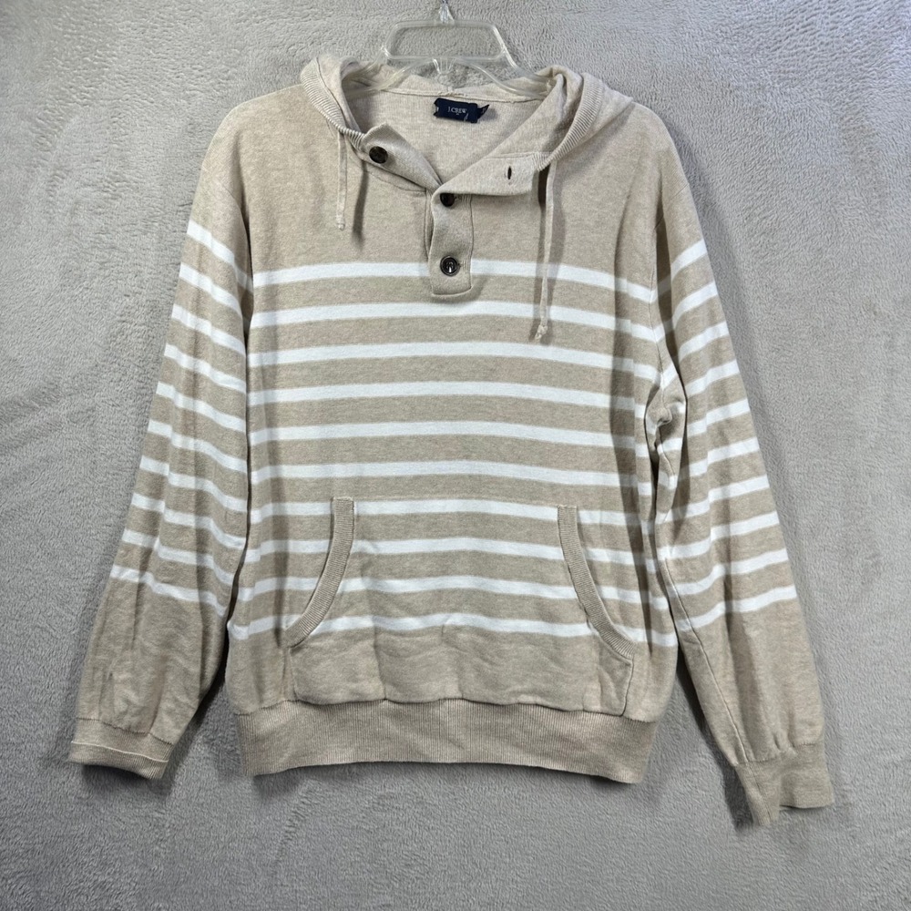 J.Crew Knit Hoodie Women's L Tan White Striped Henley Sweater Coastal Nautical